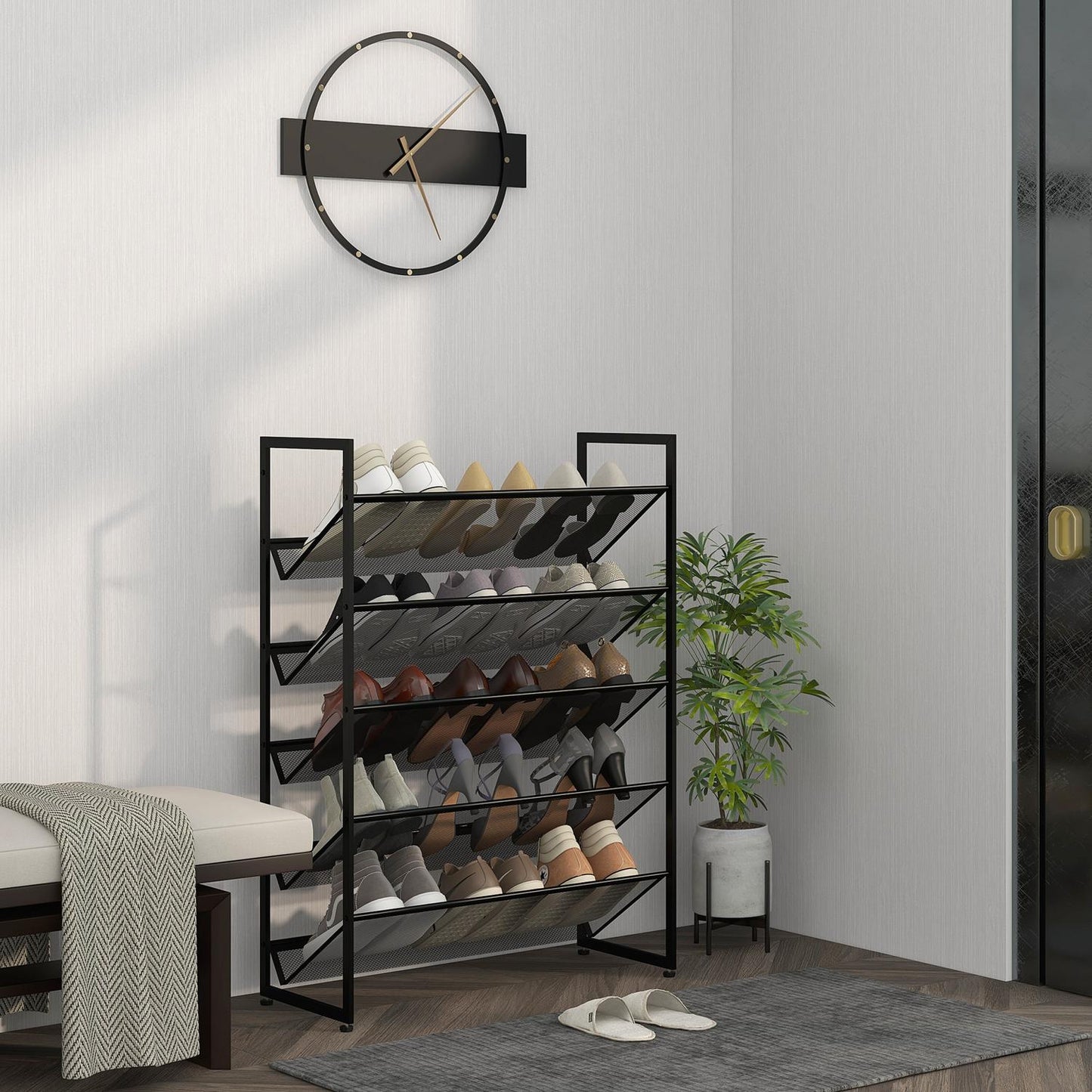5-layer black steel shoe rack for 15 pairs, 72x30x102 cm