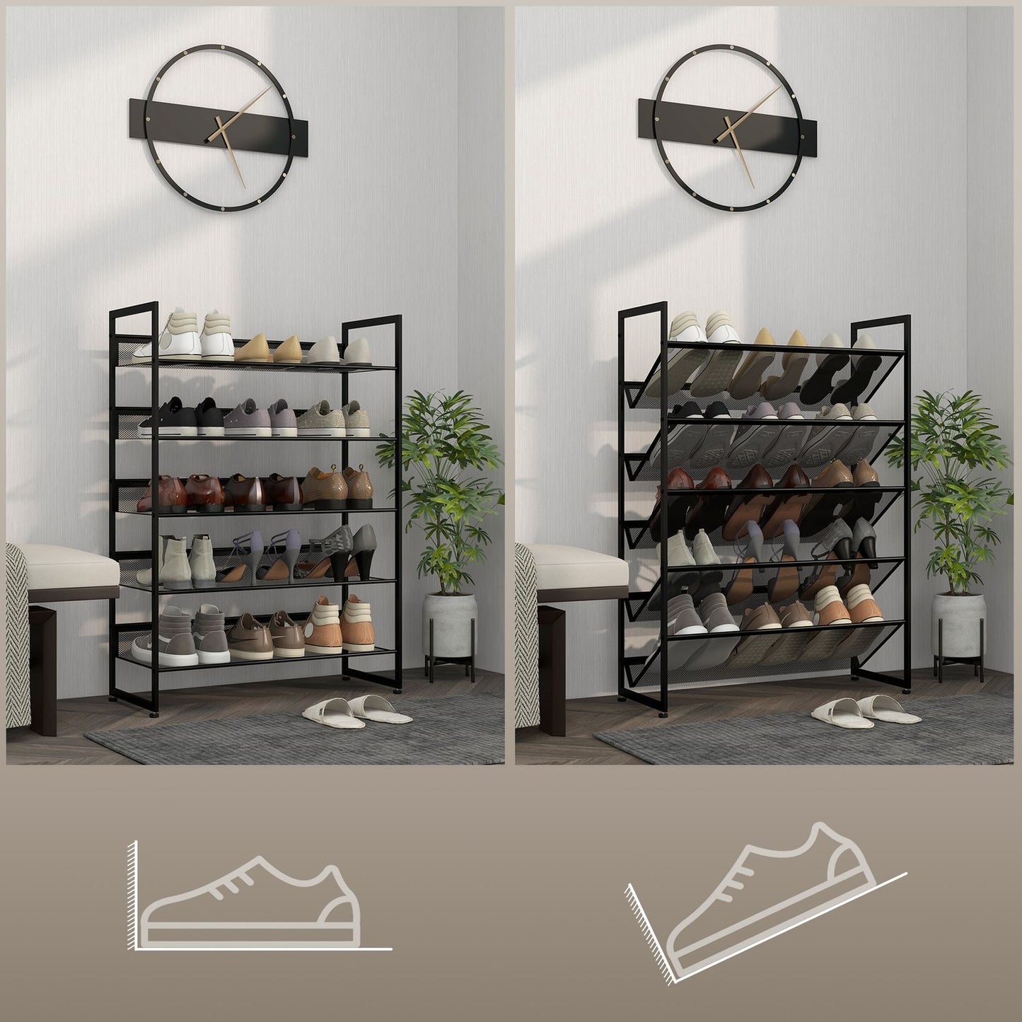 5-layer black steel shoe rack for 15 pairs, 72x30x102 cm