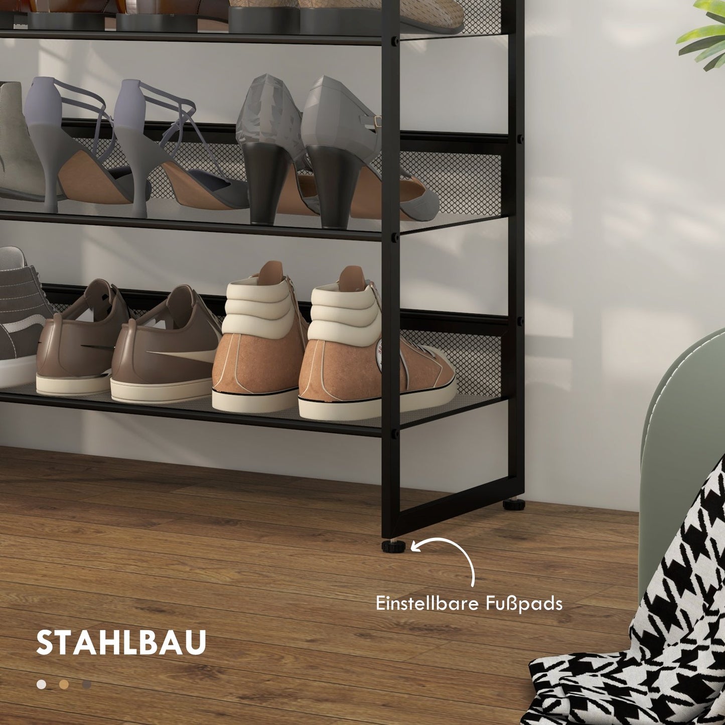 5-layer black steel shoe rack for 15 pairs, 72x30x102 cm