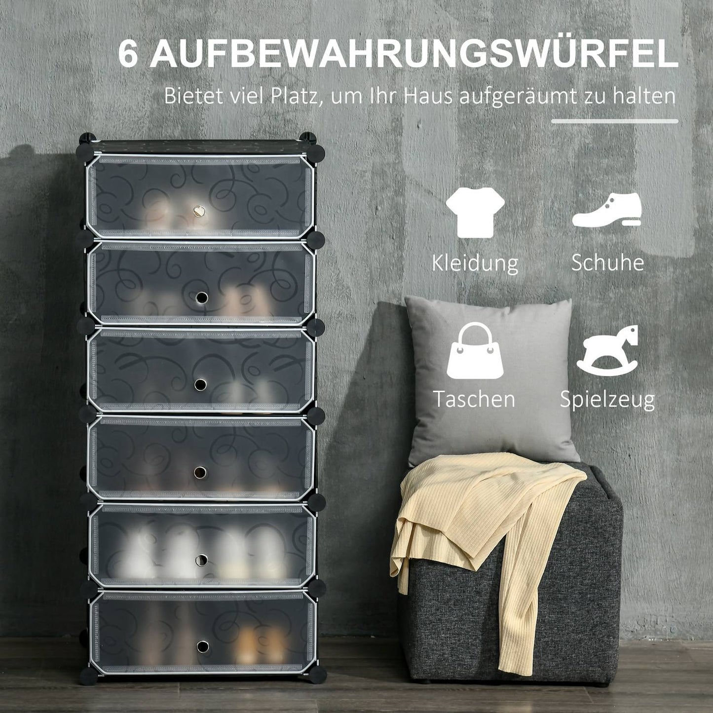 Shoe rack for 6 pairs, durable plastic/steel
