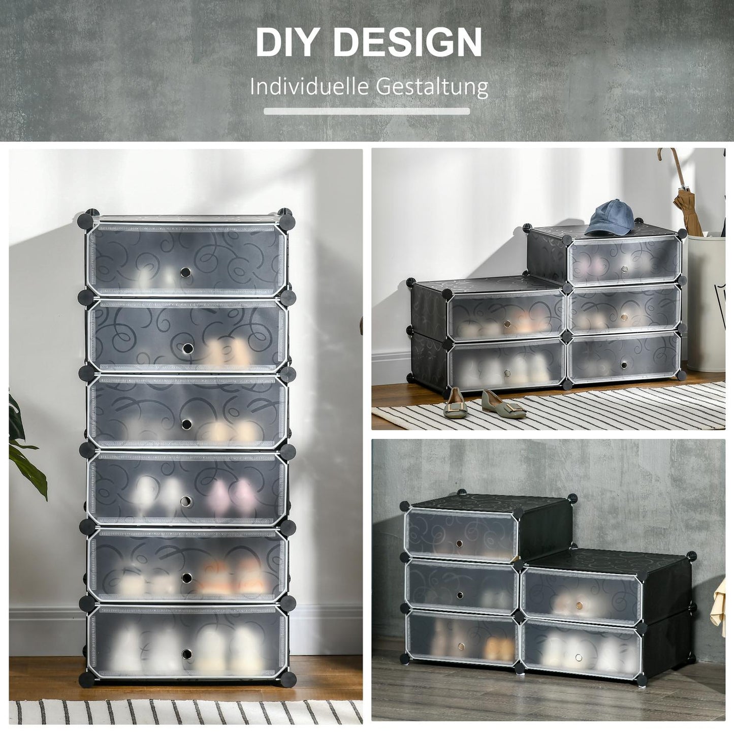 Shoe rack for 6 pairs, durable plastic/steel