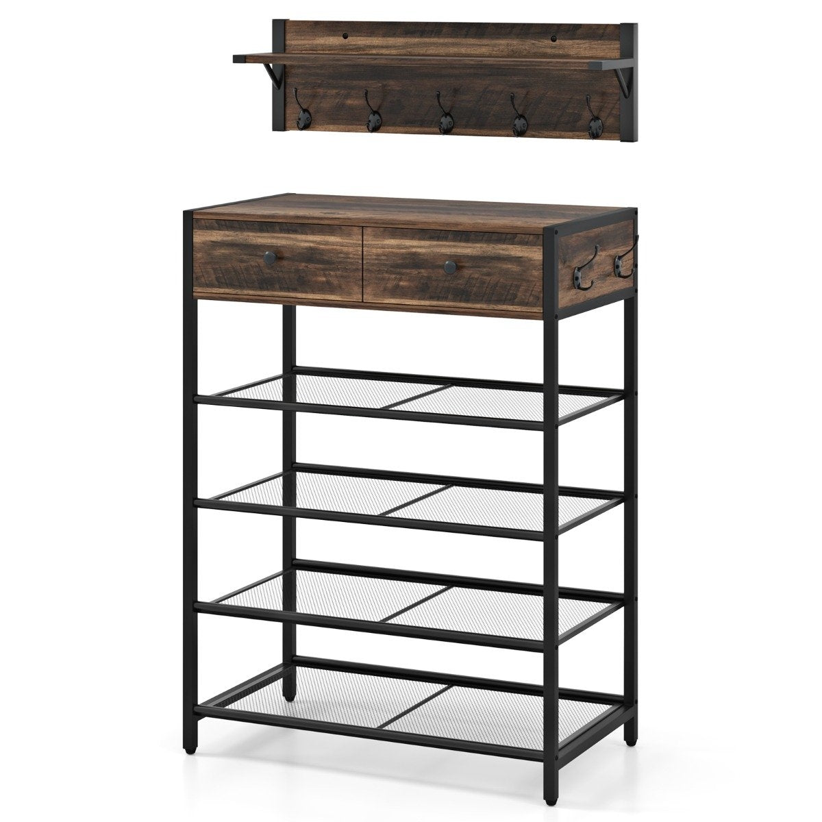 Shoe Rack & Wall Coat Rack Set with Hooks & Drawers