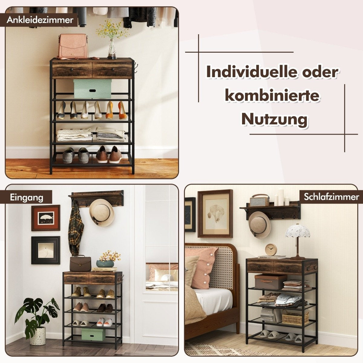 Shoe Rack & Wall Coat Rack Set with Hooks & Drawers