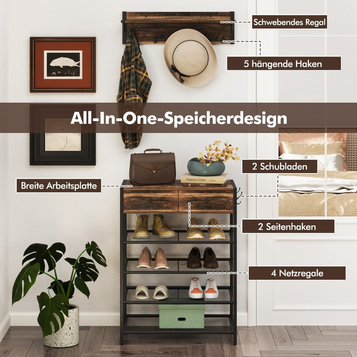 Shoe Rack & Wall Coat Rack Set with Hooks & Drawers