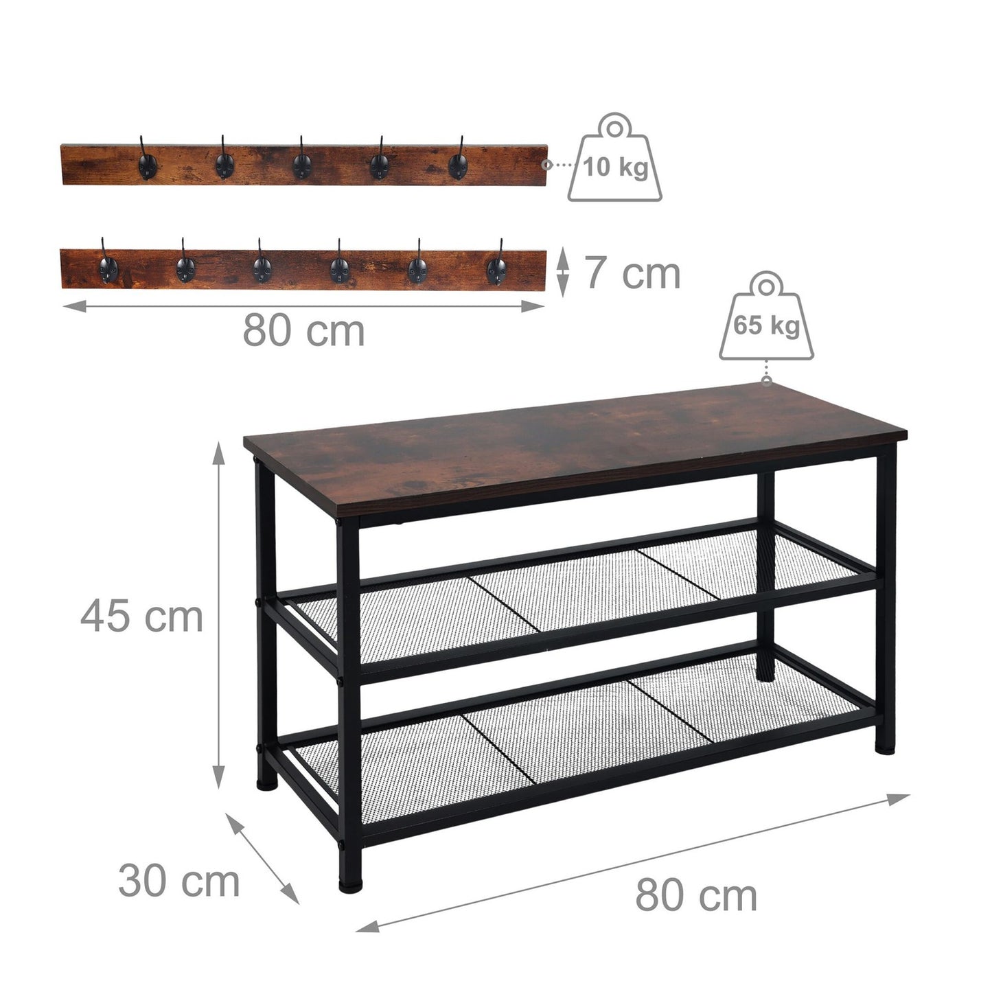 Shoe Rack and Coat Hook Set – Metal and MDF, 11 Hooks