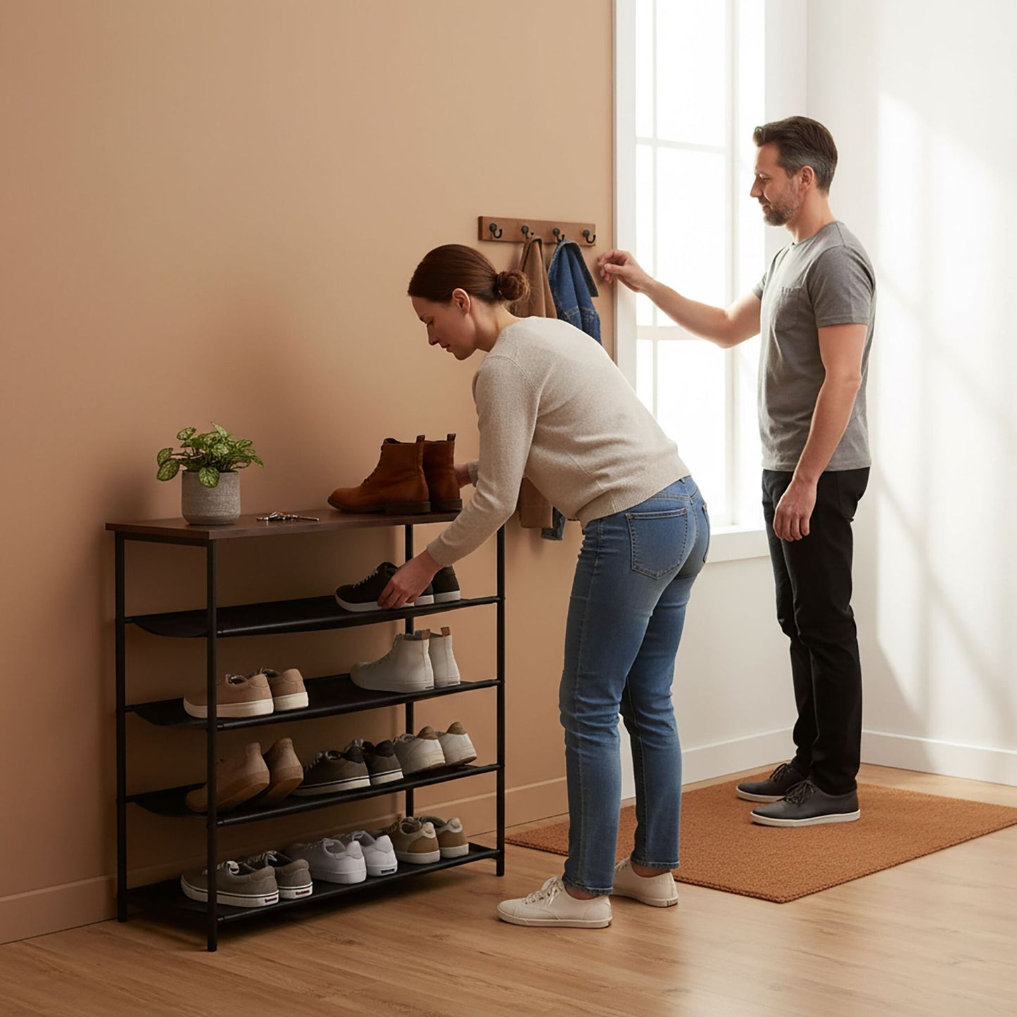 Shoe Rack with 4 Fabric Shelves and Top Shelf