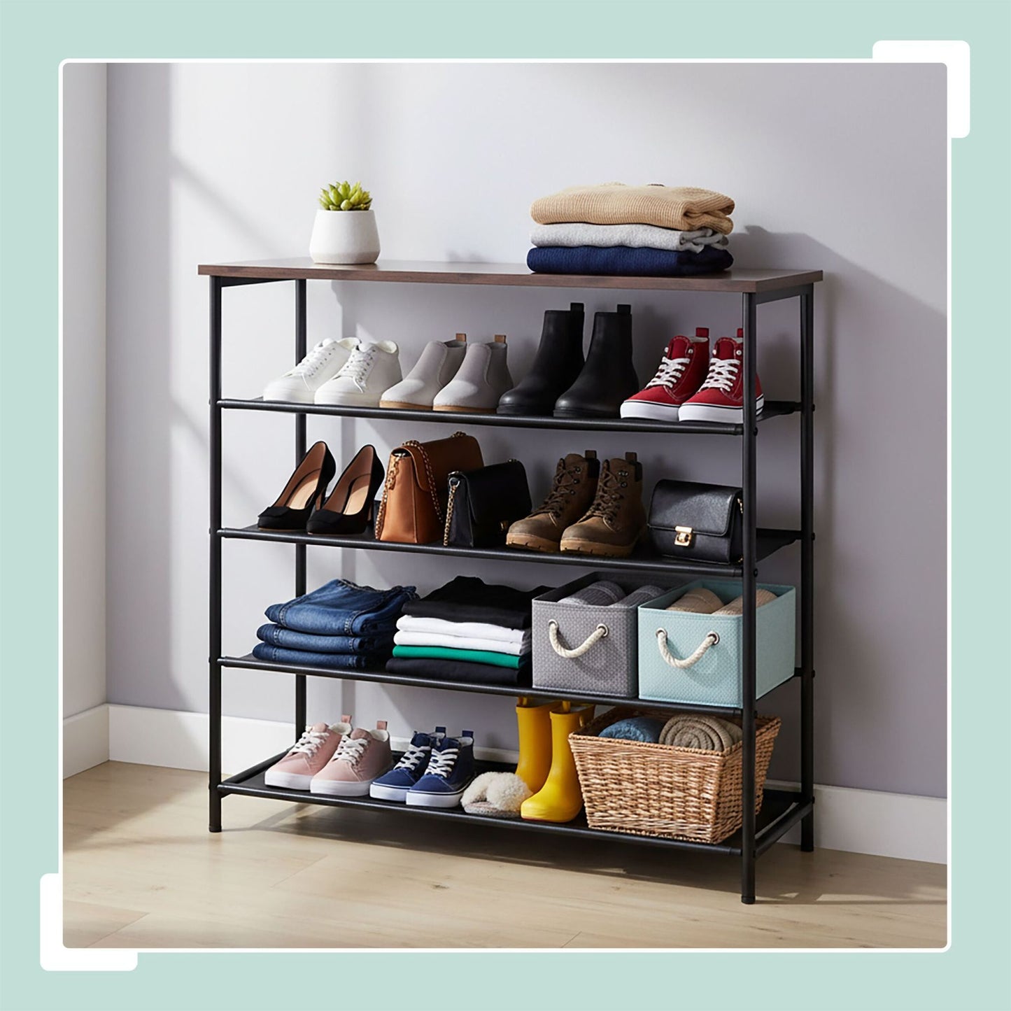 Shoe Rack with 4 Fabric Shelves and Top Shelf