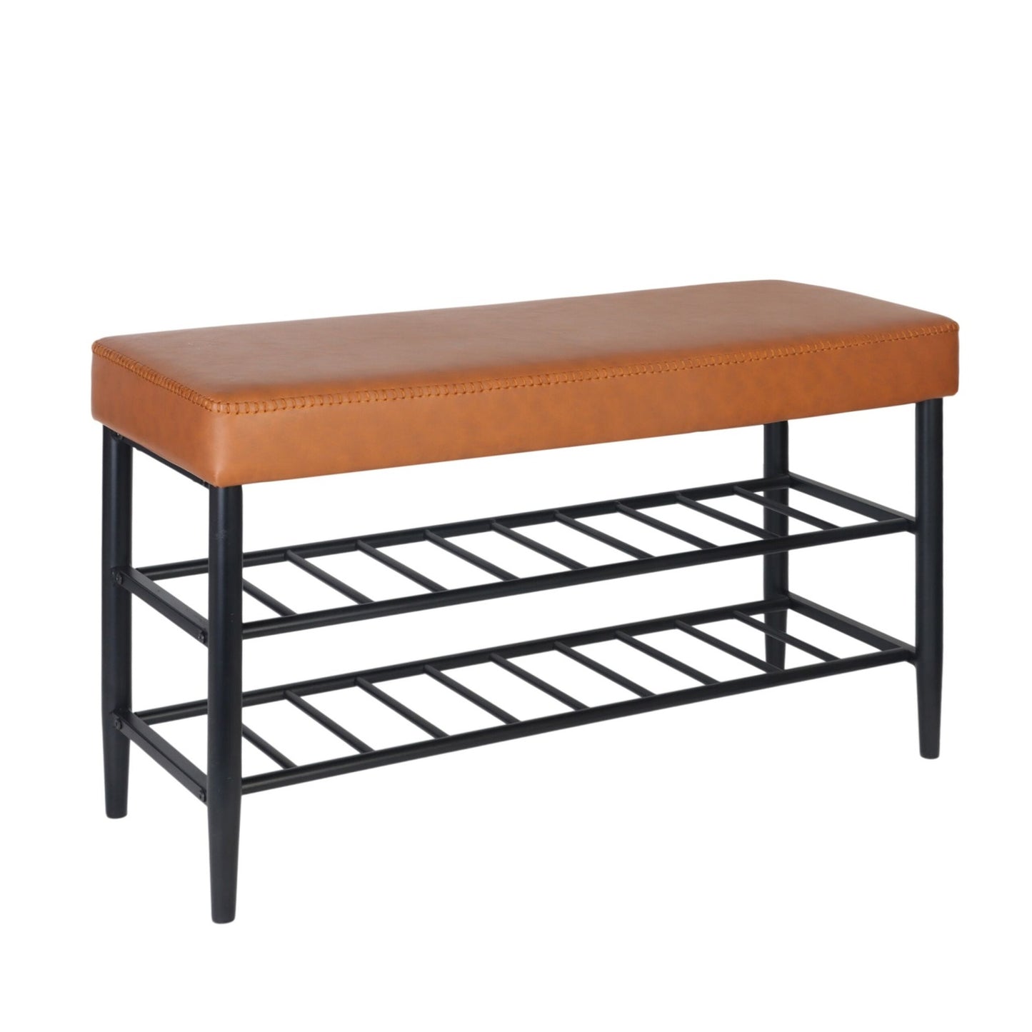 Shoe Storage Bench with 2 Shelves, Faux Leather Seat
