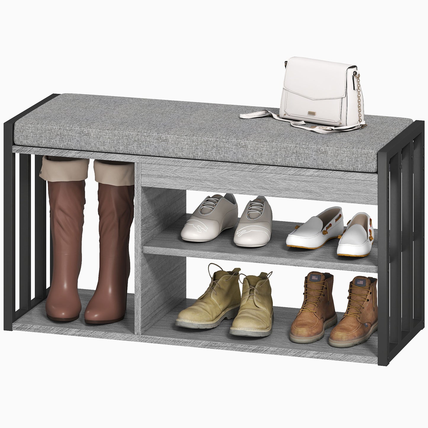 Shoe Storage Bench with Cushion, 3-Tier Design, Gray