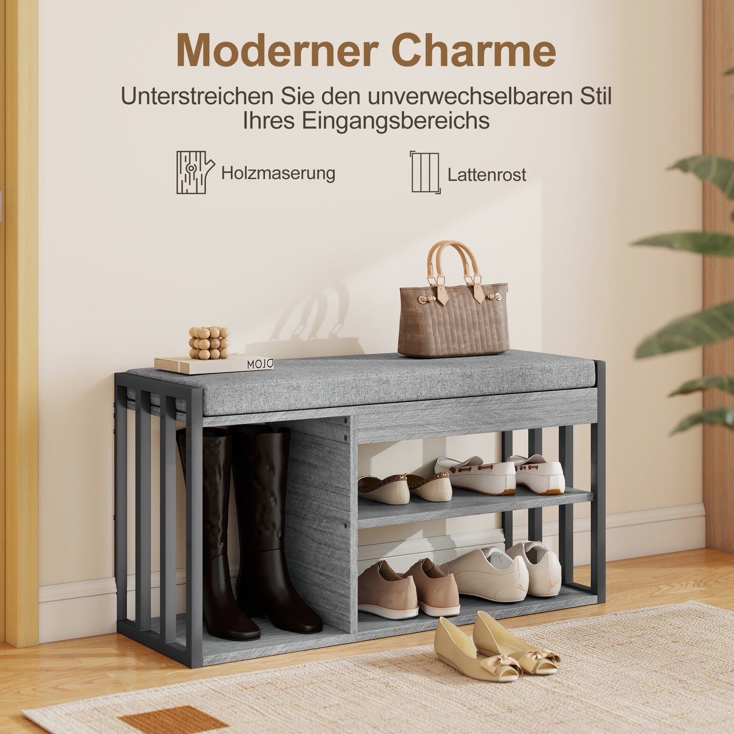 Shoe Storage Bench with Cushion, 3-Tier Design, Gray