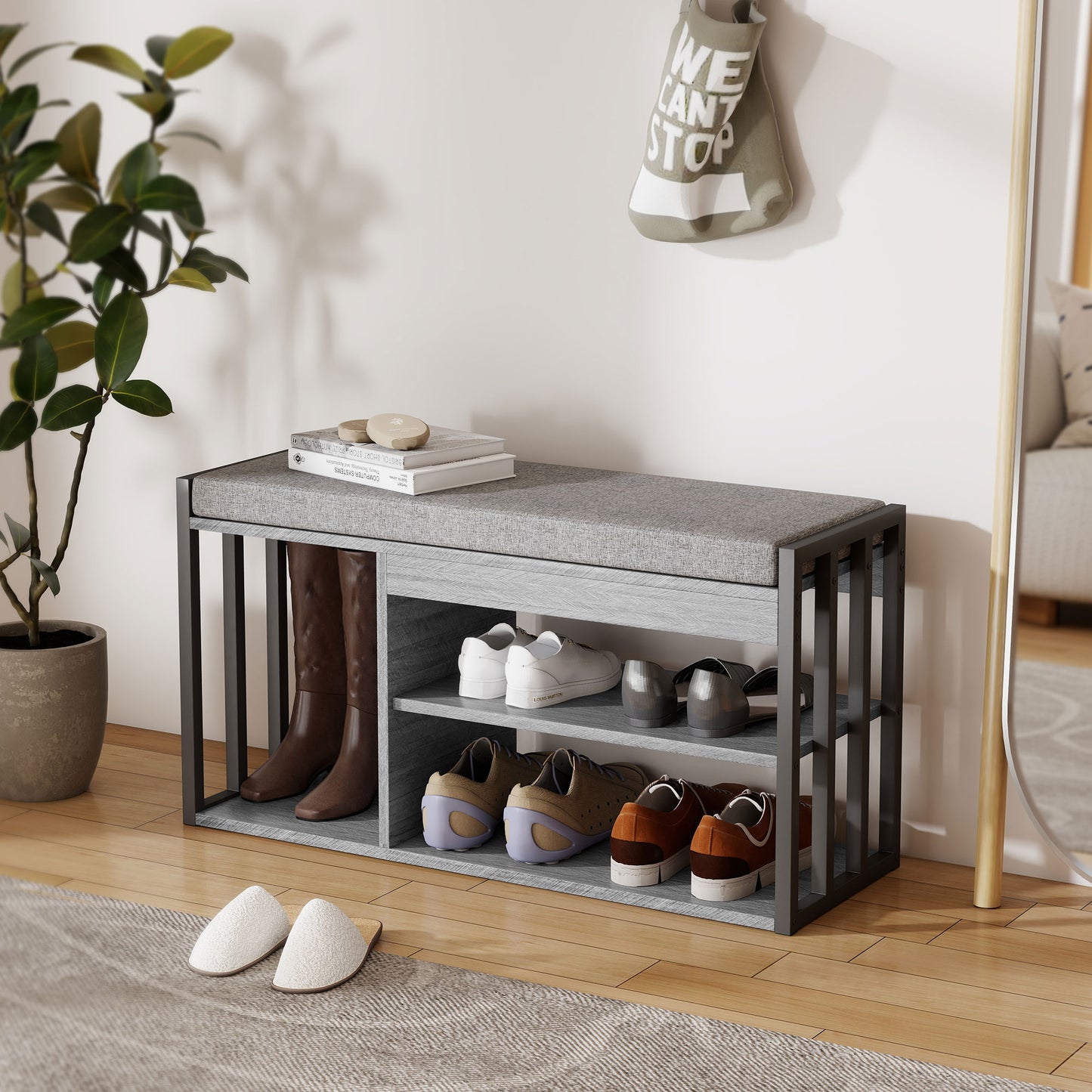 Shoe Storage Bench with Cushion, 3-Tier Design, Gray