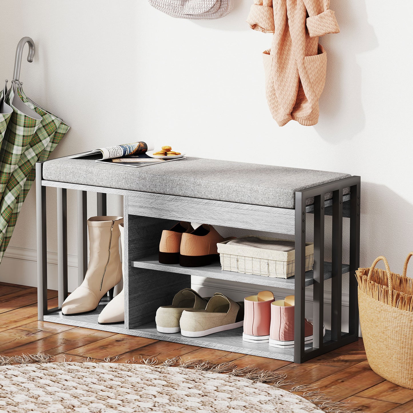 Shoe Storage Bench with Cushion, 3-Tier Design, Gray