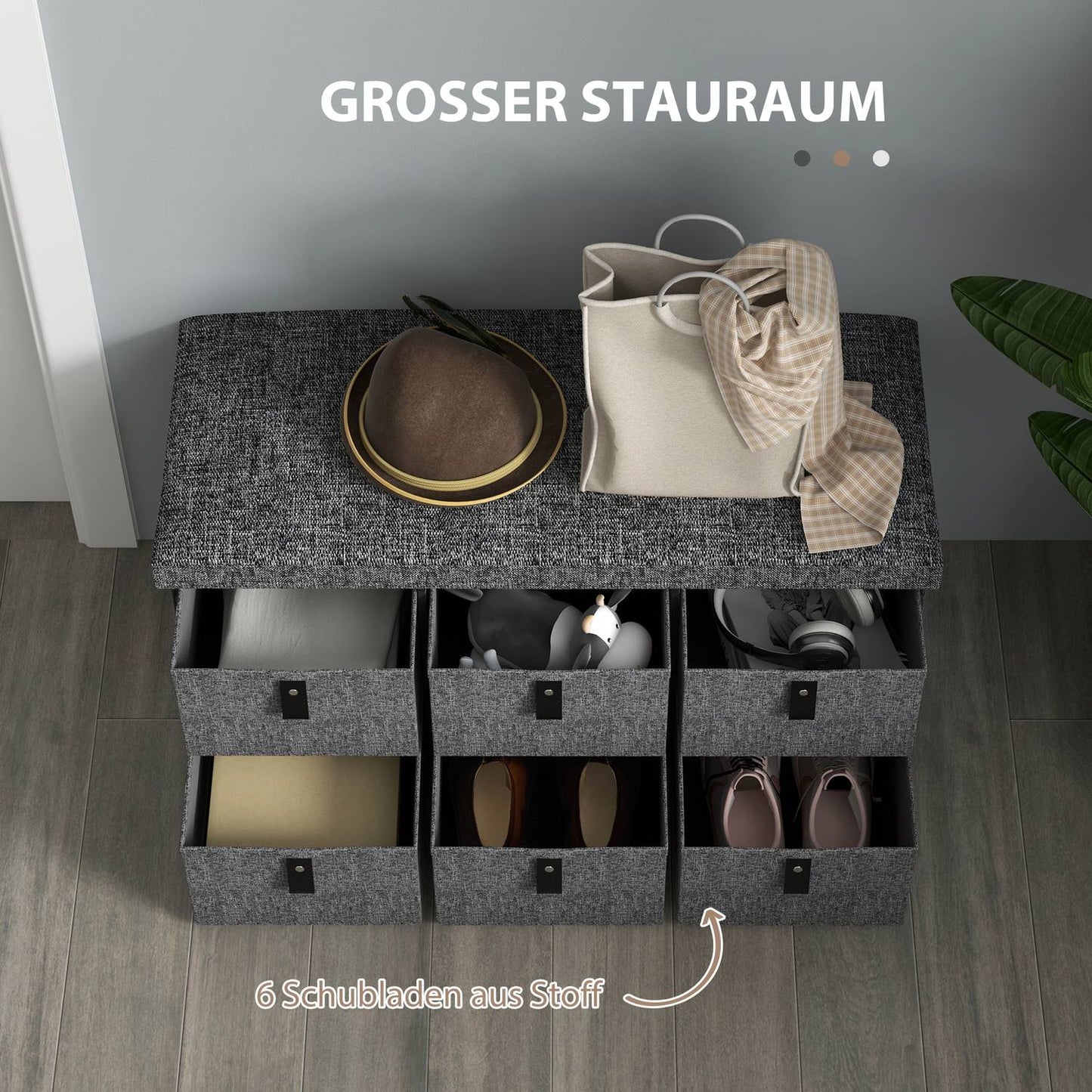 Shoe Storage Bench with Cushion, 6 Drawers, MDF, Dark Grey
