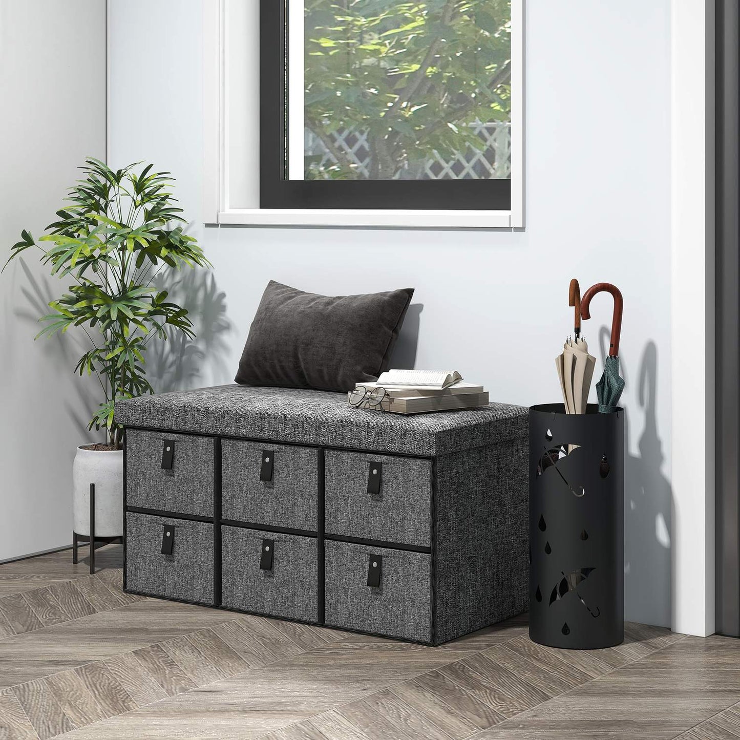 Shoe Storage Bench with Cushion, 6 Drawers, MDF, Dark Grey