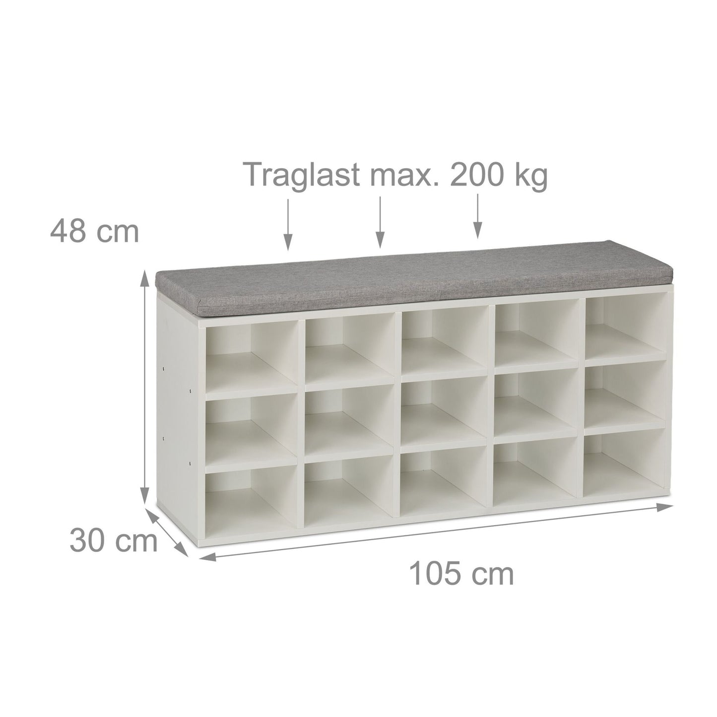 Shoe Storage Bench with Cushion – Upholstered, Grey