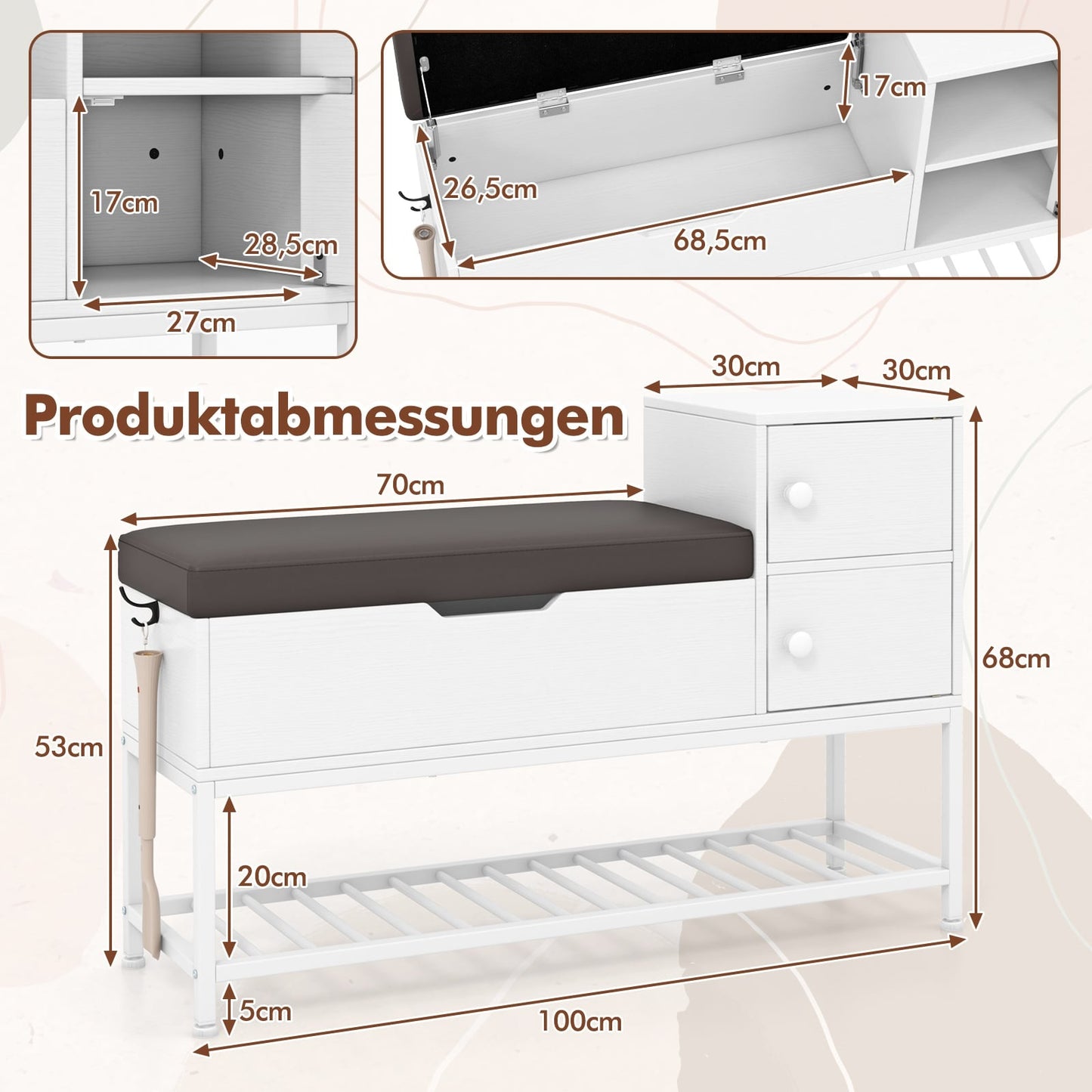 Shoe Storage Bench with Flip Lid, Metal Rack, 2 Doors