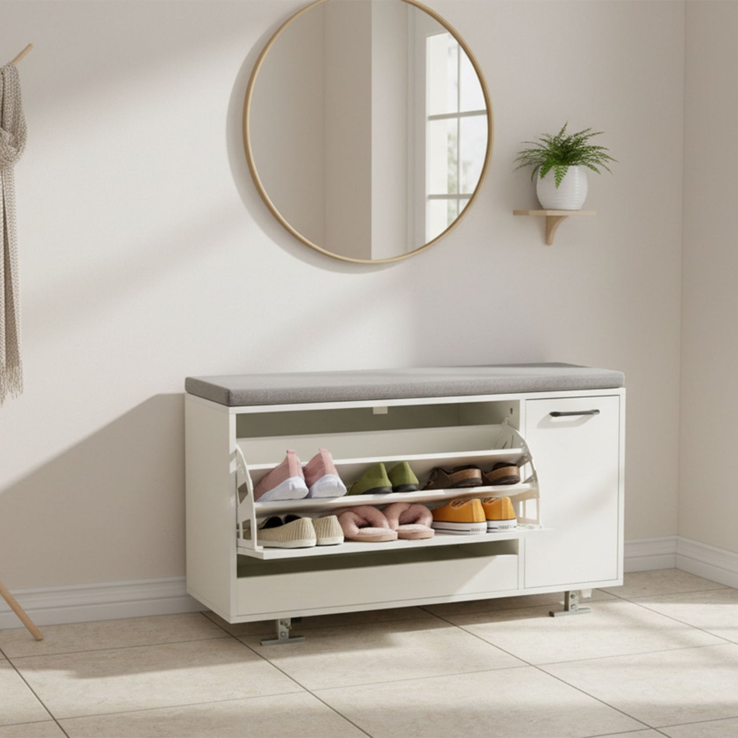 Shoe Storage Bench with Padded Seat and Cupboard