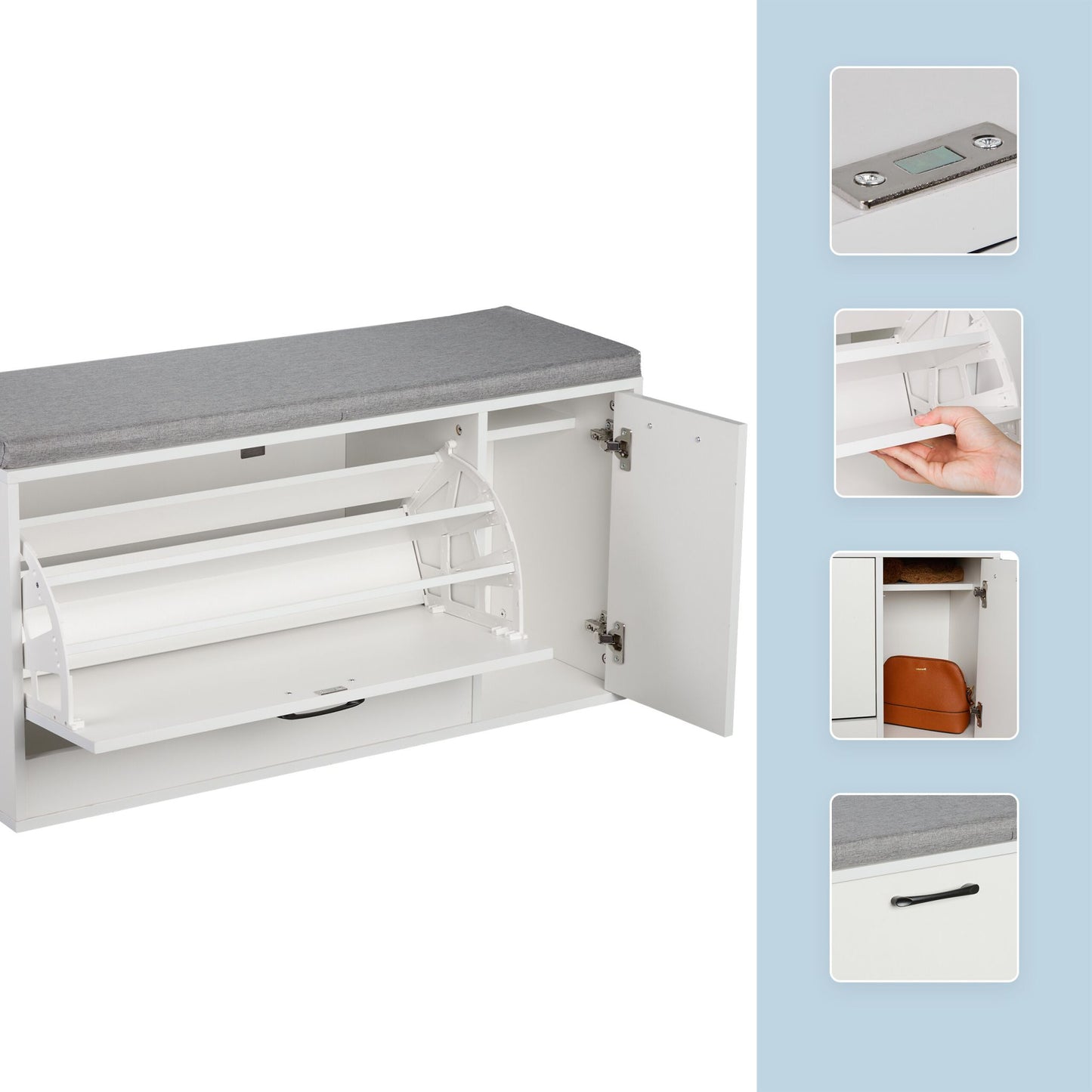 Shoe Storage Bench with Padded Seat and Cupboard