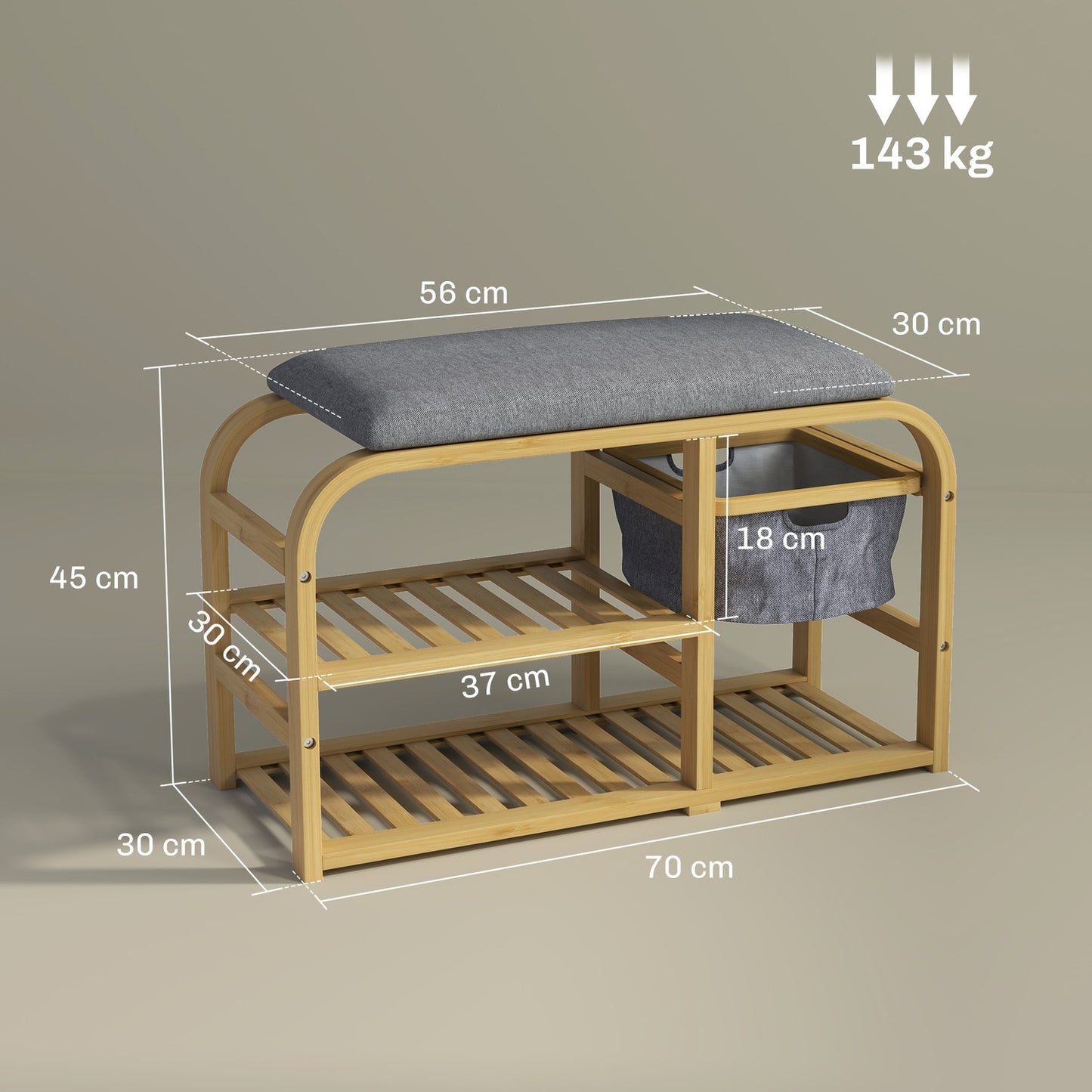 Bamboo shoe bench with pull-out basket, fits 5 pairs, grey