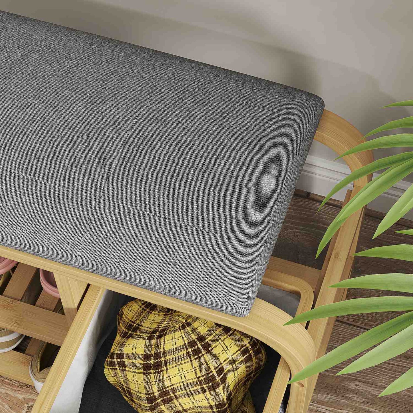 Bamboo shoe bench with pull-out basket, fits 5 pairs, grey