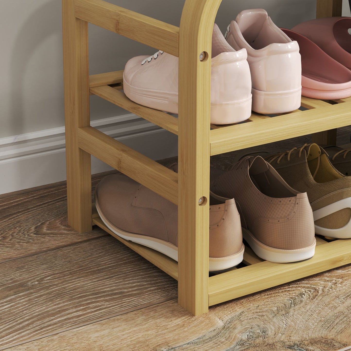 Bamboo shoe bench with pull-out basket, fits 5 pairs, grey