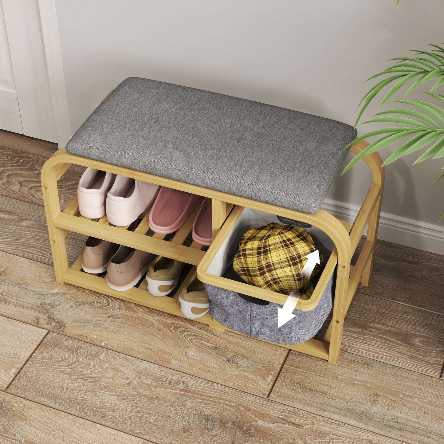 Bamboo shoe bench with pull-out basket, fits 5 pairs, grey