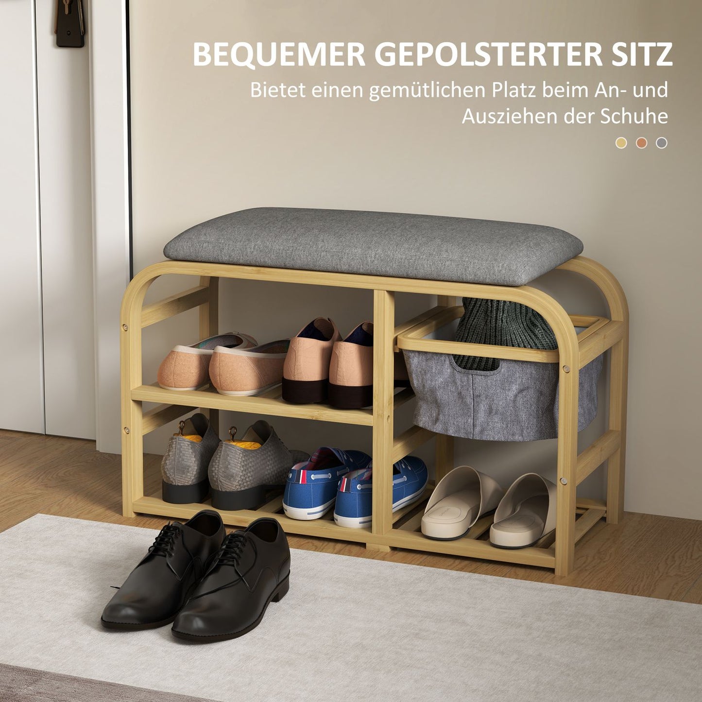 Bamboo shoe bench with pull-out basket, fits 5 pairs, grey