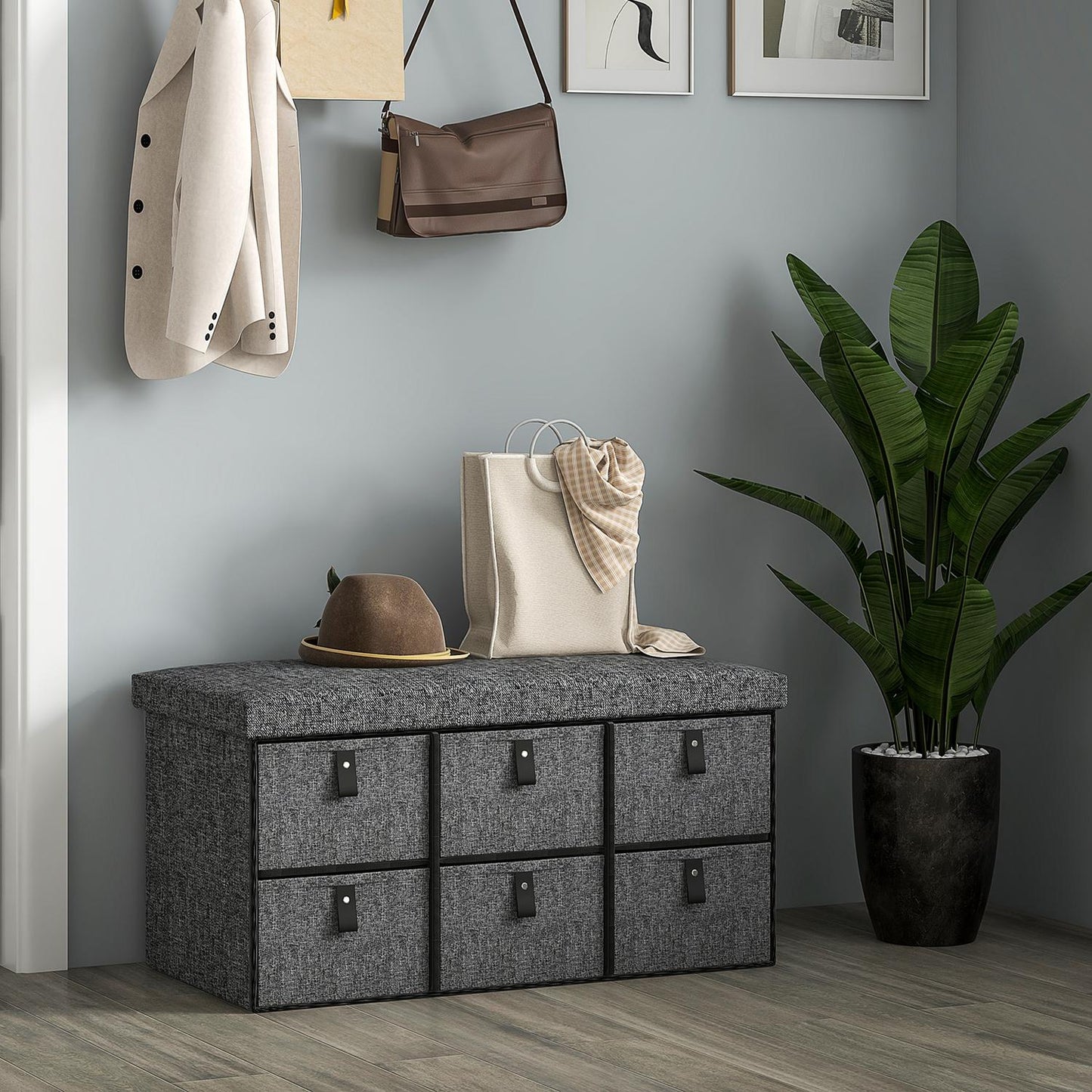 Shoe bench for hall, dark grey, 6-pair storage
