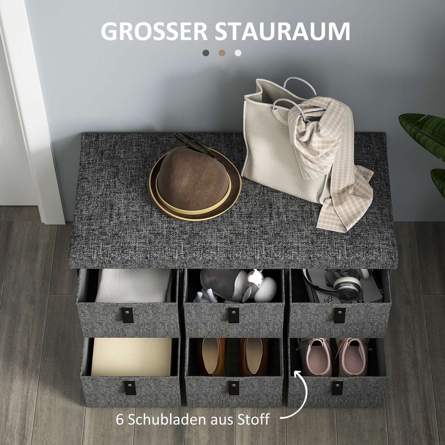 Shoe bench for hall, dark grey, 6-pair storage