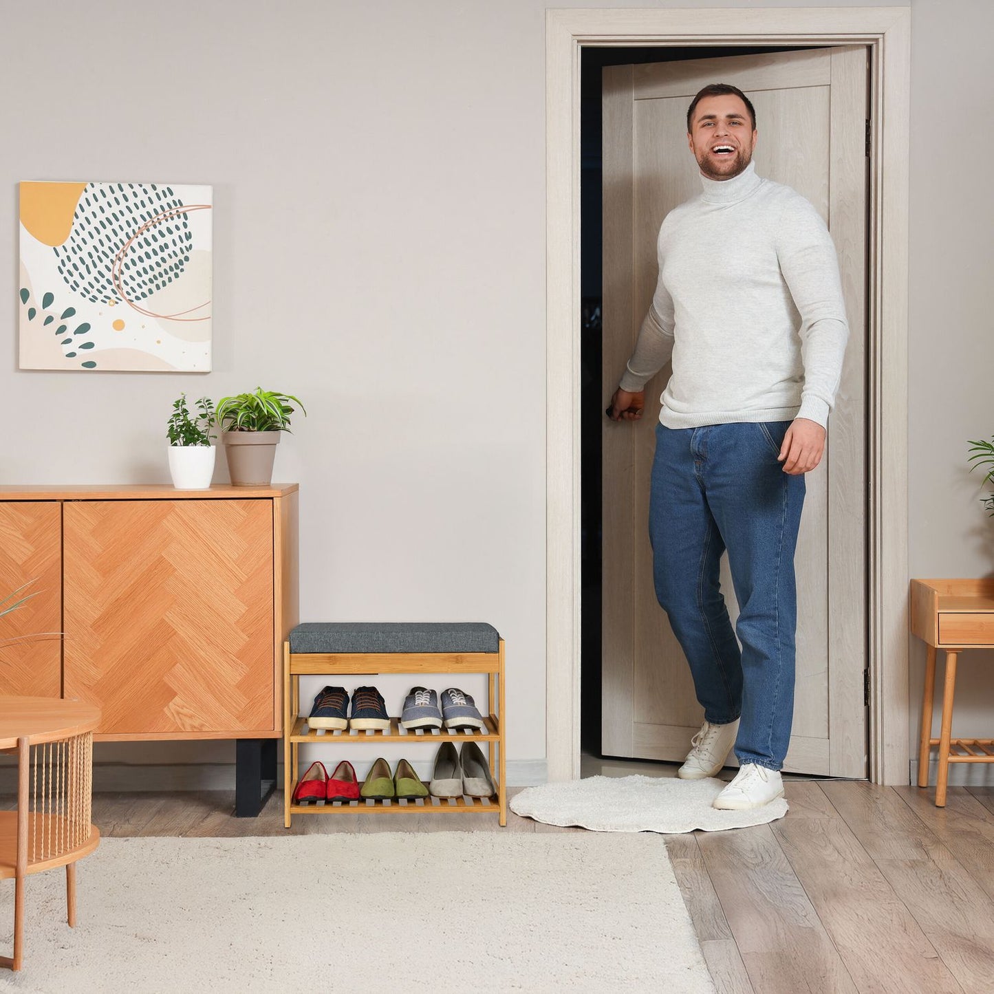 Shoe bench with seat and drawer