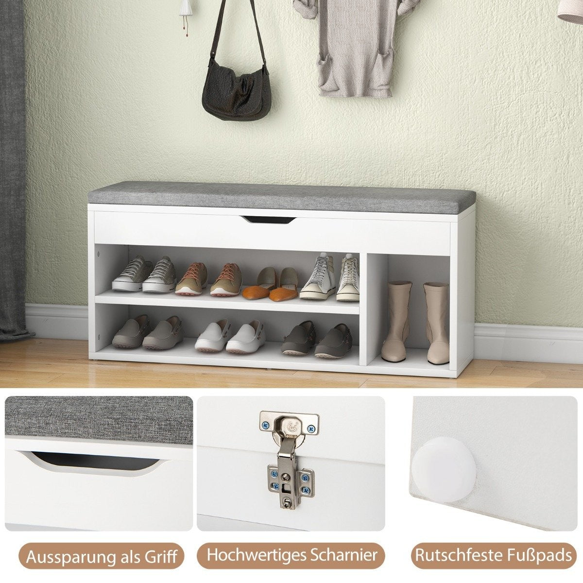 Shoe bench with seat and storage space 104 x 30 x 48 cm wardrobe bench shoe rack wood grey