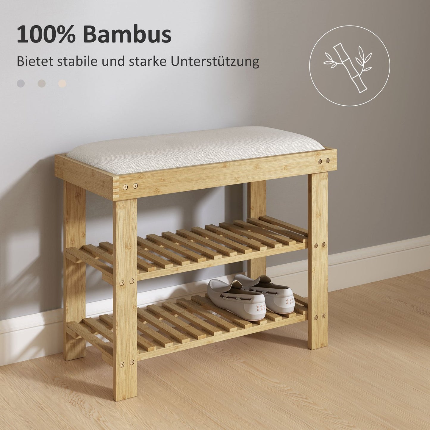 Bamboo Shoe bench with storage, Cream white, 60x29x49 cm