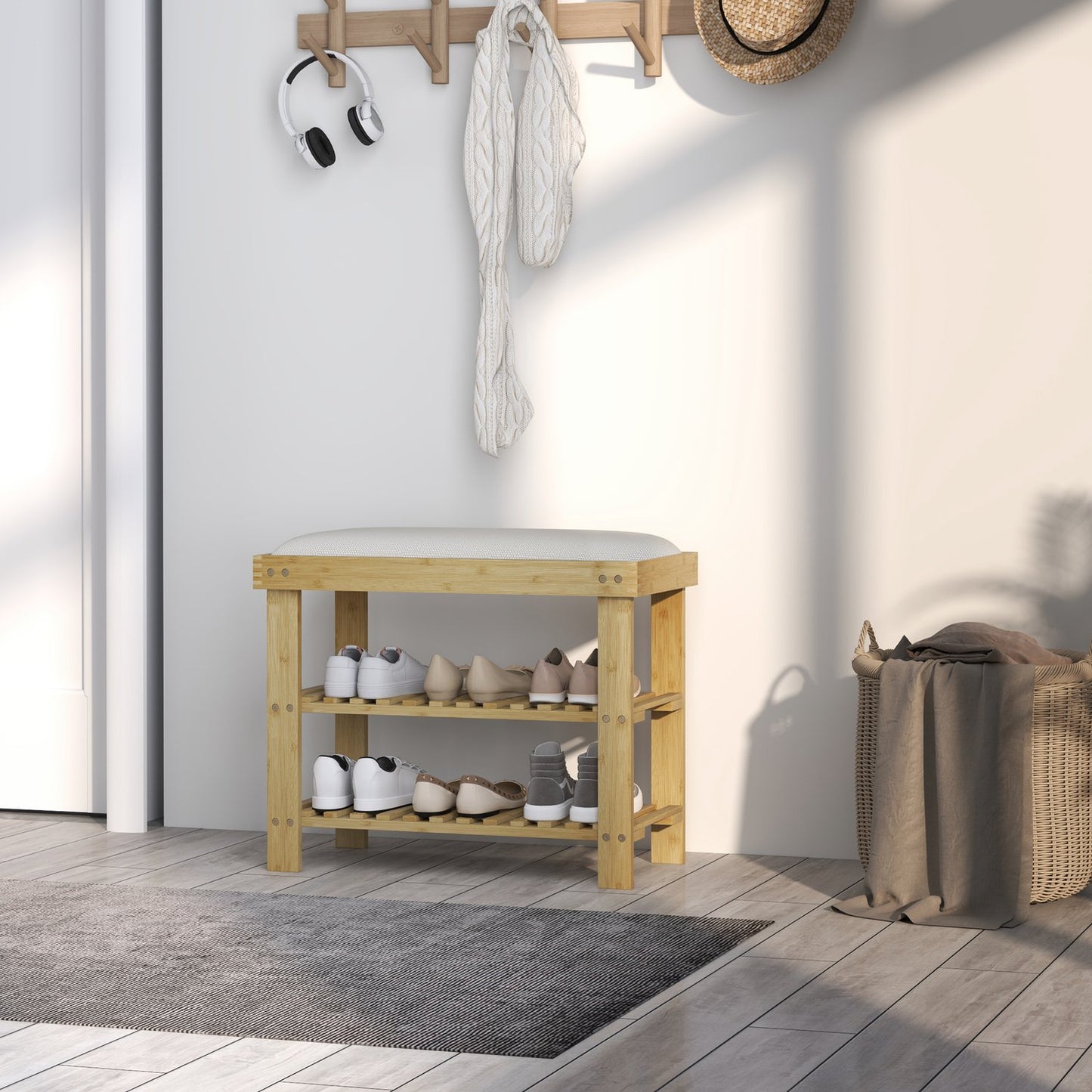 Bamboo Shoe bench with storage, Cream white, 60x29x49 cm
