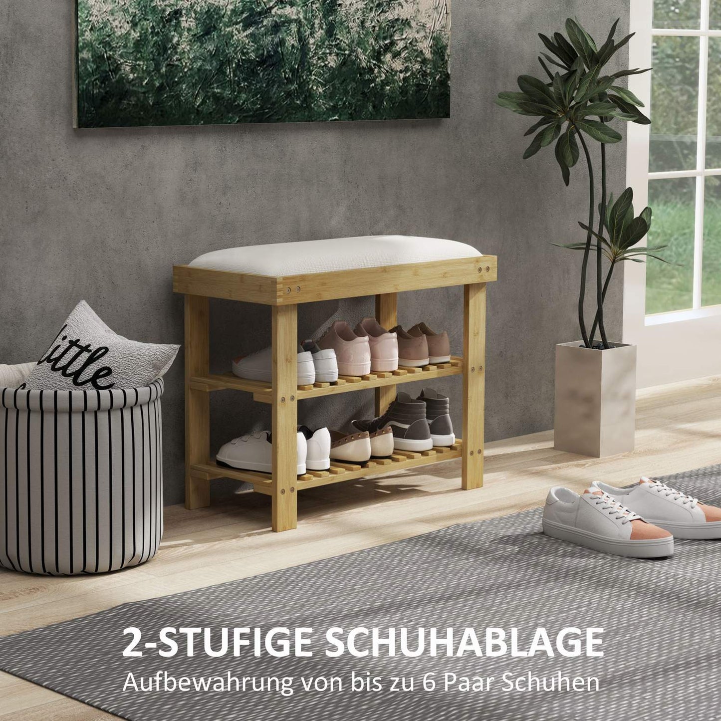 Bamboo Shoe bench with storage, Cream white, 60x29x49 cm