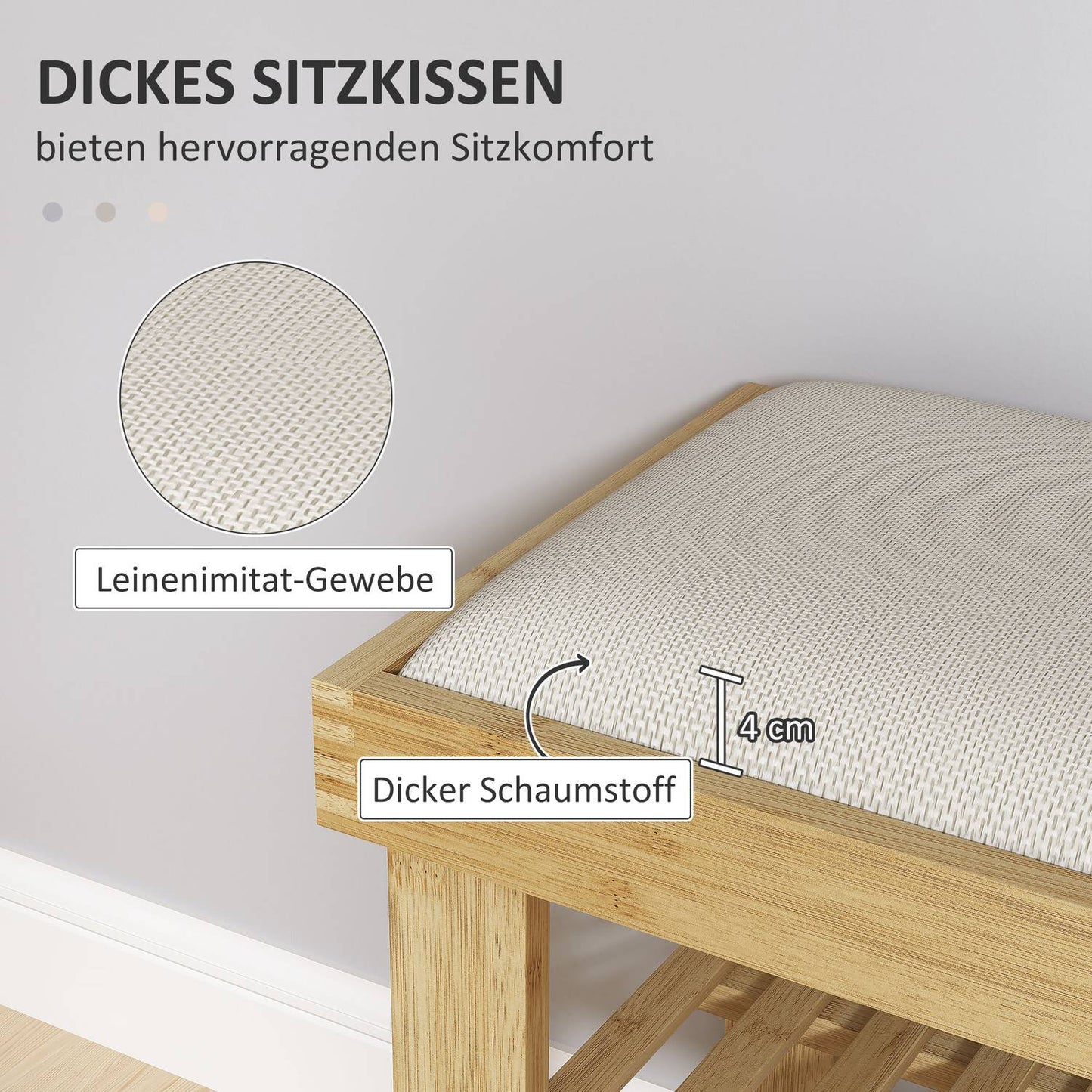 Bamboo Shoe bench with storage, Cream white, 60x29x49 cm