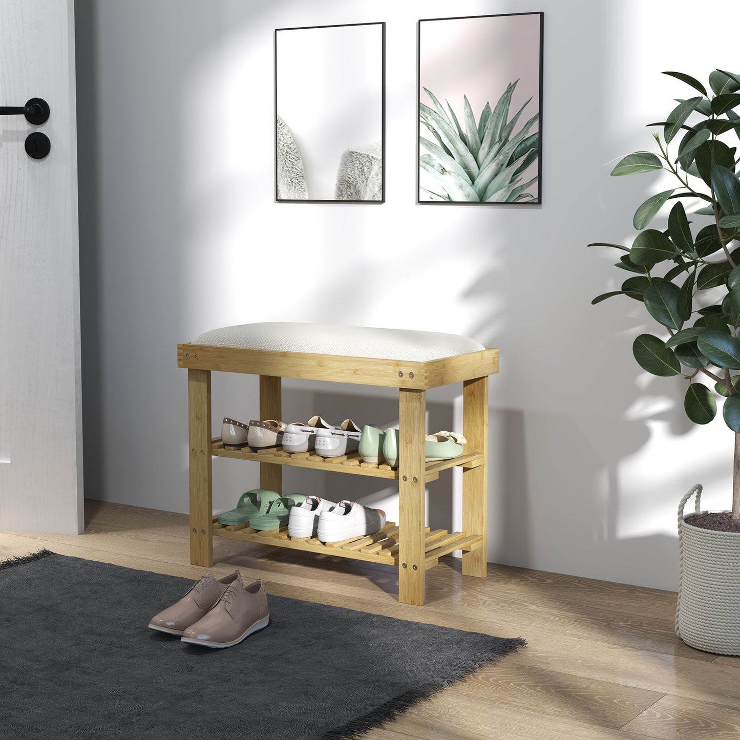 Bamboo Shoe bench with storage, Cream white, 60x29x49 cm