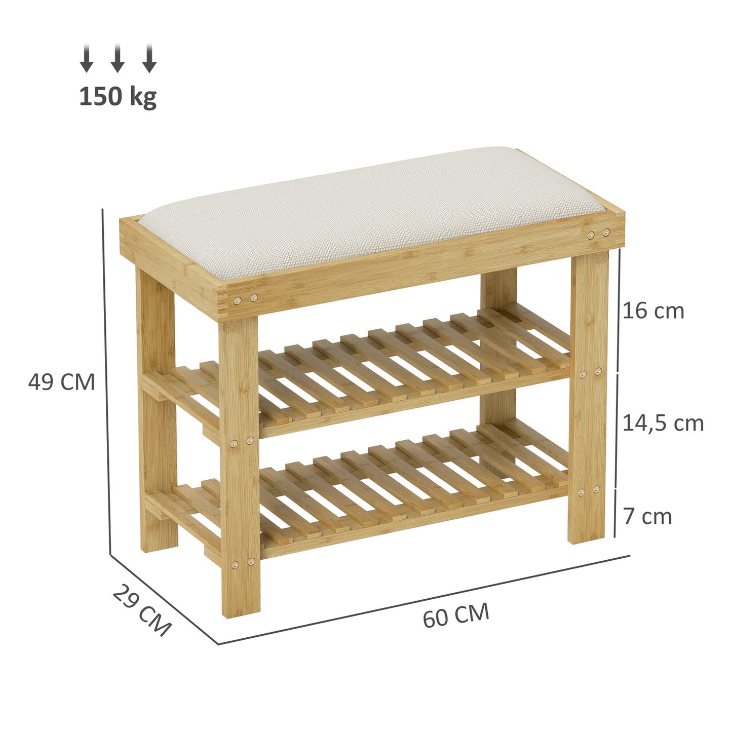 Bamboo Shoe bench with storage, Cream white, 60x29x49 cm