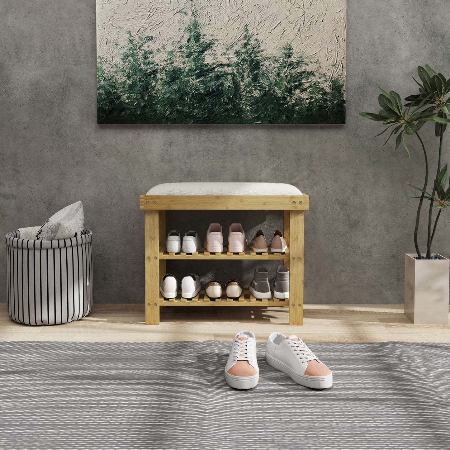 Bamboo Shoe bench with storage, Cream white, 60x29x49 cm