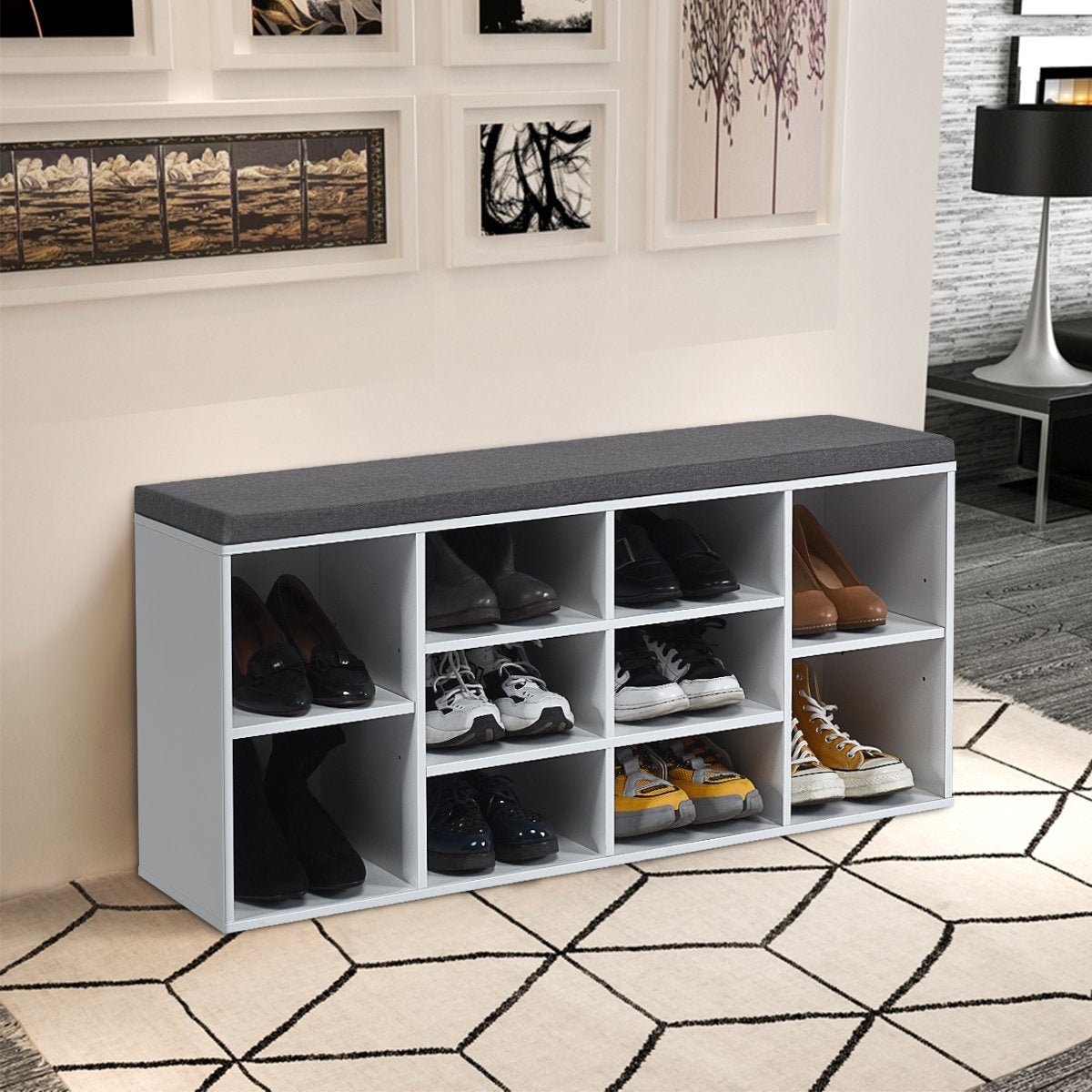 Shoe bench with seat, shoe rack, shoe chest of drawers, shoe rack, shoe cabinet, bench with shelf and seat cushion, wood, white