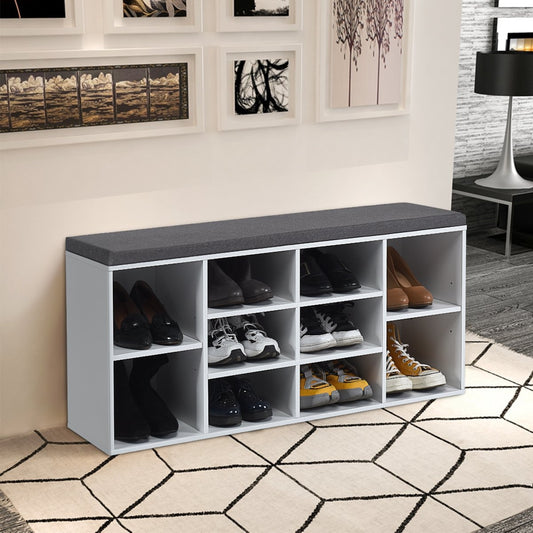 Shoe bench with seat, shoe rack, shoe chest of drawers, shoe rack, shoe cabinet, bench with shelf and seat cushion, wood, white