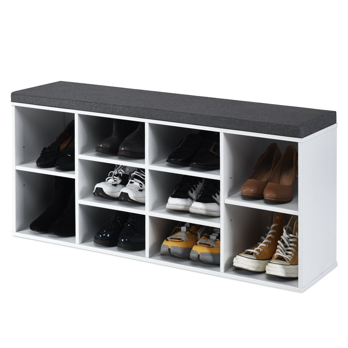 Shoe bench with seat, shoe rack, shoe chest of drawers, shoe rack, shoe cabinet, bench with shelf and seat cushion, wood, white