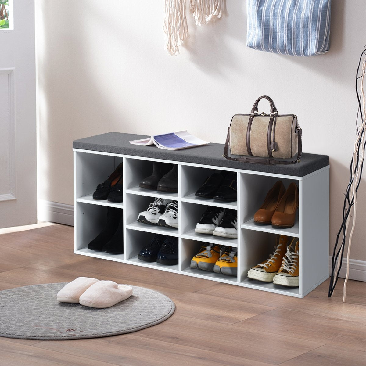 Shoe bench with seat, shoe rack, shoe chest of drawers, shoe rack, shoe cabinet, bench with shelf and seat cushion, wood, white