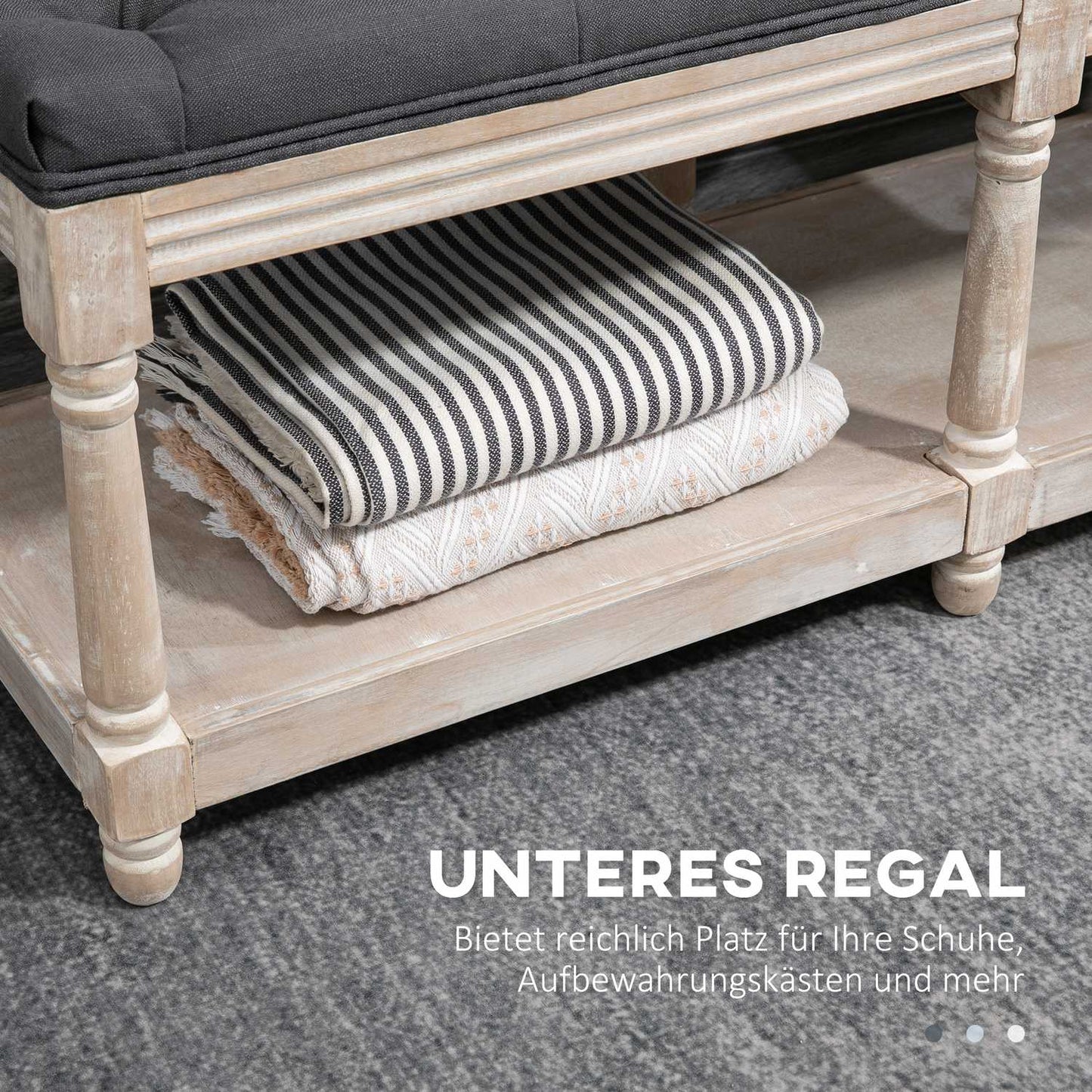 Shoe bench with storage, padded seat, gray linen, 115x40x48 cm
