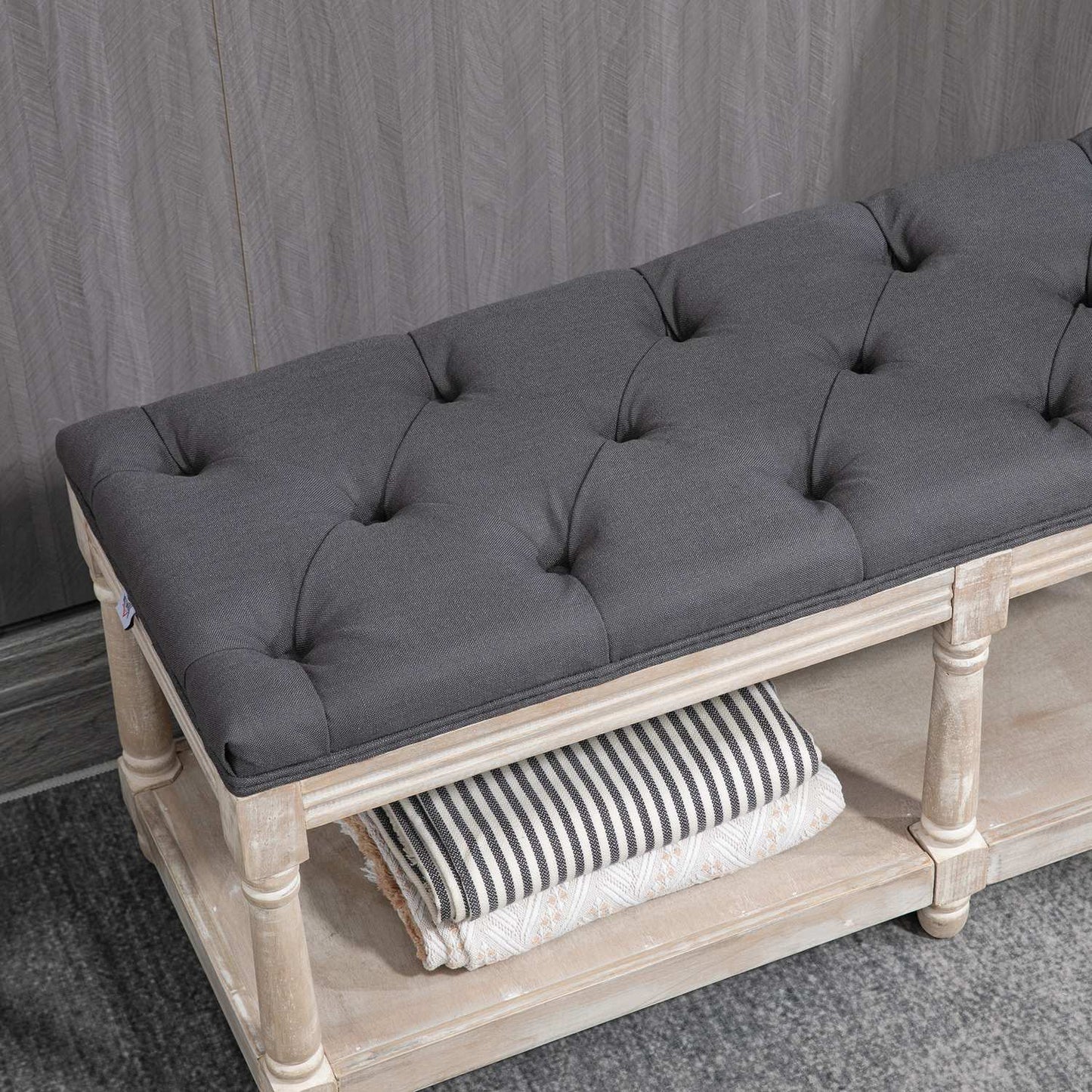 Shoe bench with storage, padded seat, gray linen, 115x40x48 cm