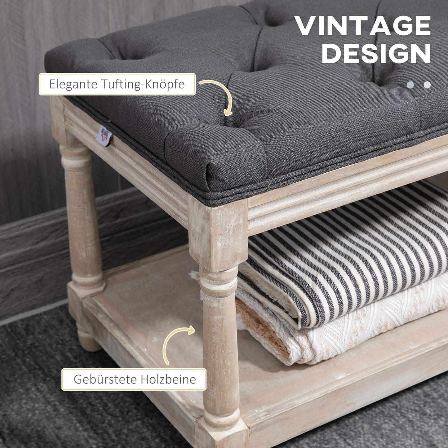 Shoe bench with storage, padded seat, gray linen, 115x40x48 cm