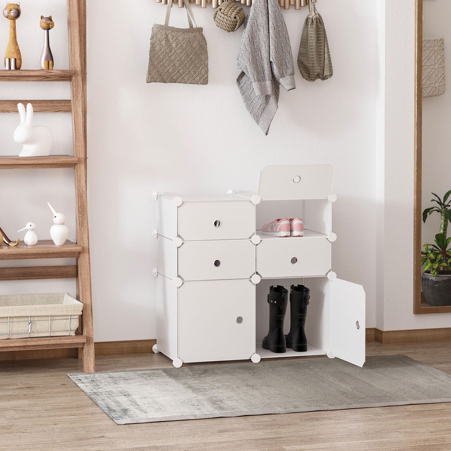 Shoe cabinet with storage drawers, plastic & steel, white 75x37x73cm