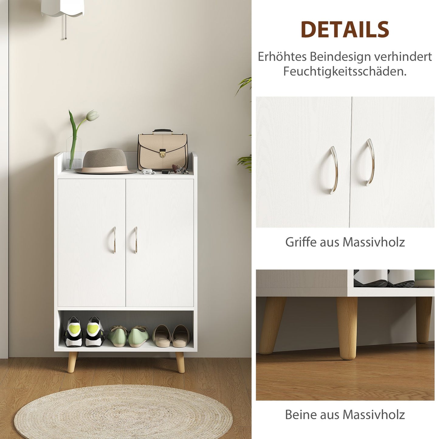 White solid wood shoe cabinet with doors - Fits 12 pairs
