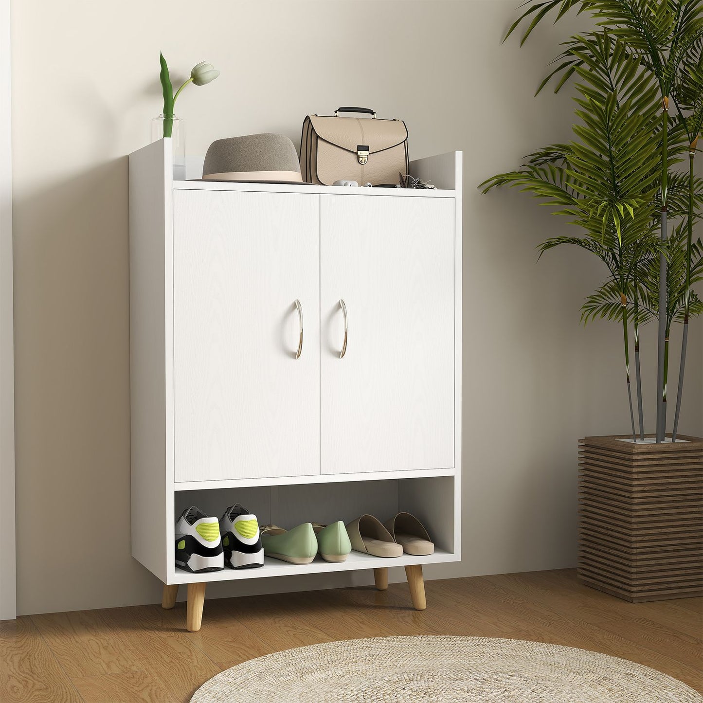 White solid wood shoe cabinet with doors - Fits 12 pairs