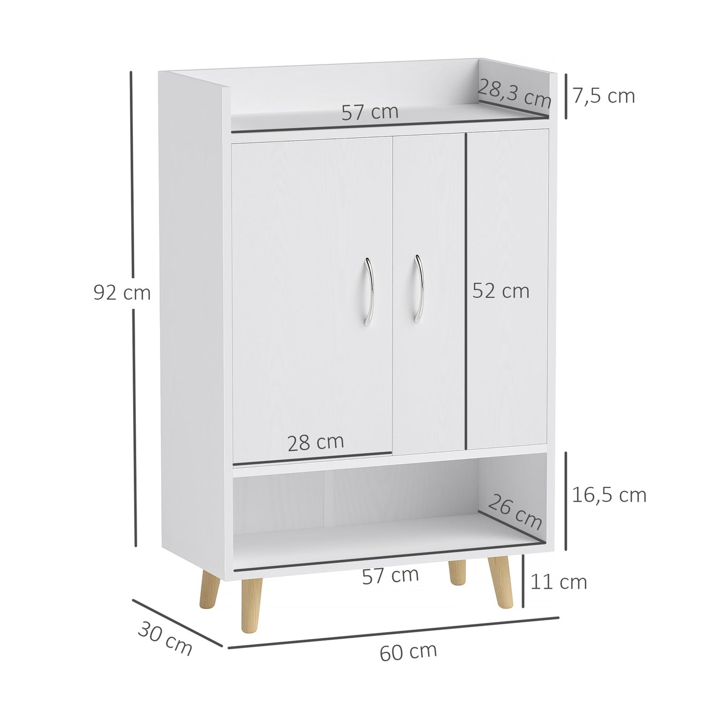 White solid wood shoe cabinet with doors - Fits 12 pairs