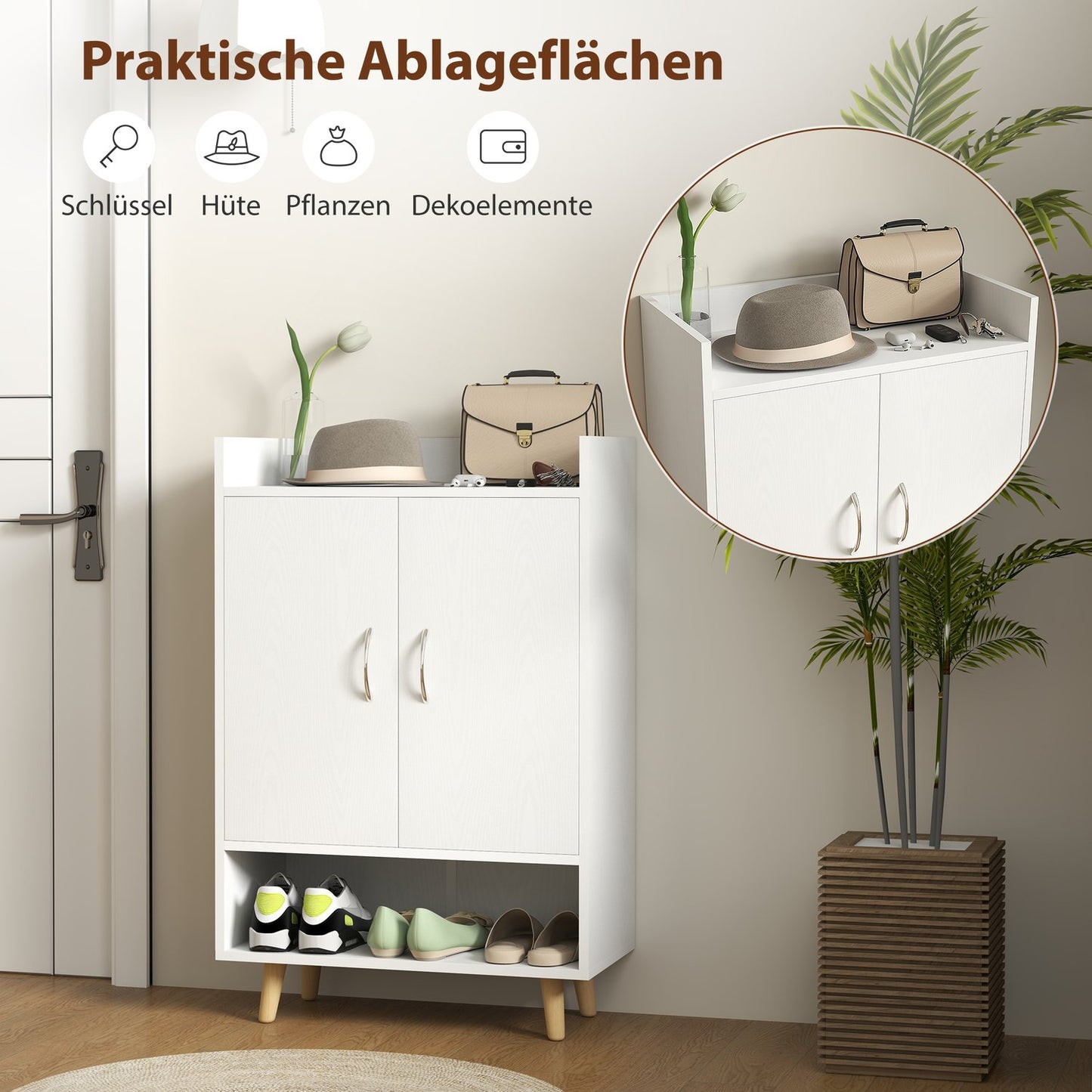 White solid wood shoe cabinet with doors - Fits 12 pairs